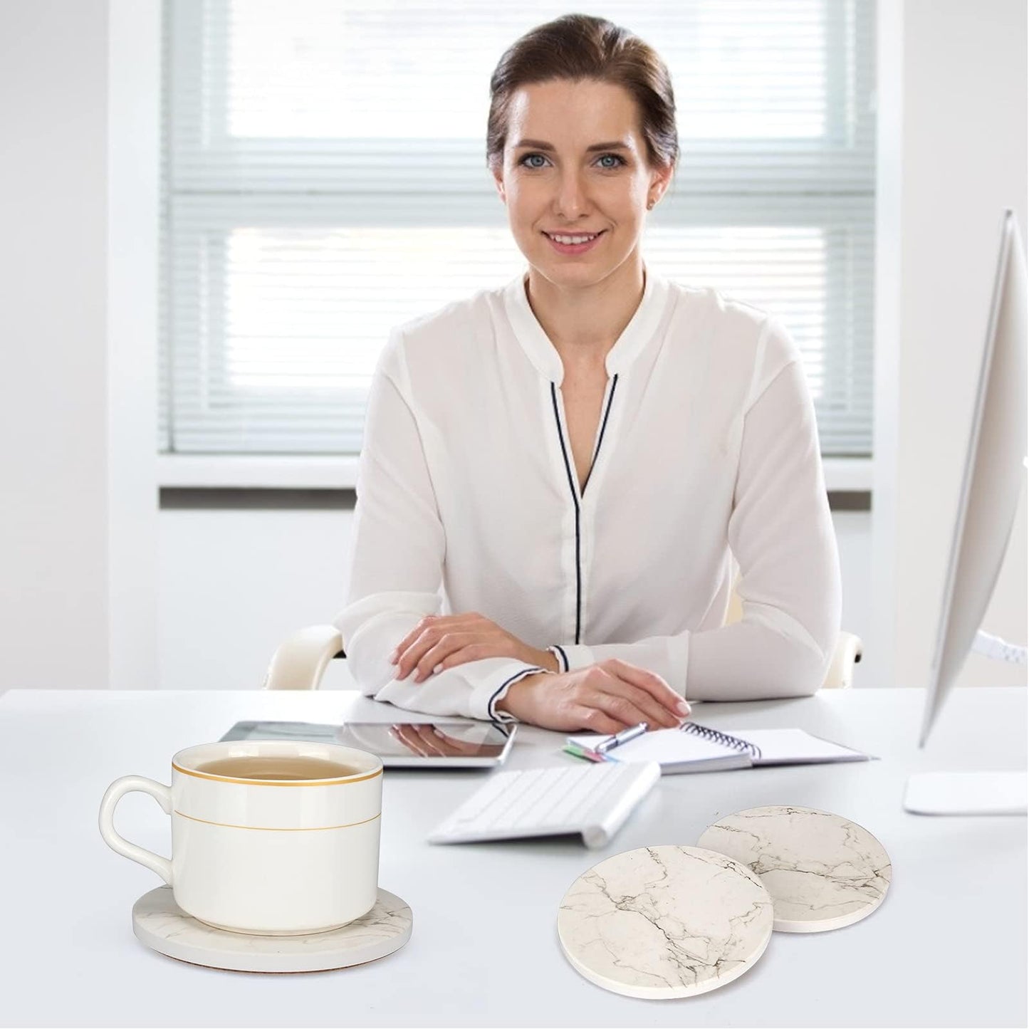 6 Pack White Marble Coaster Set with Holder Absorbent Drink Coasters Ceramic Cute Coaster Bar Dining Coffee Table Accessories Decor Gift Funny Cup Stone Modern Costers Cool Desk Beer Cork Coasters