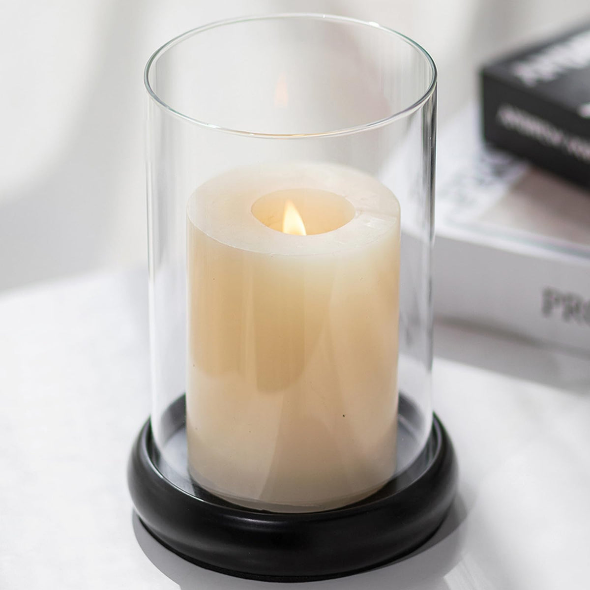 Sziqiqi Black Hurricane Candle Holder - Clear Glass Pillar Candle Holder Cylinder Lantern with Metal Tray for Mantel Fireplace Coffee Dining Table Decorative Table Centerpieces for Christmas Wedding