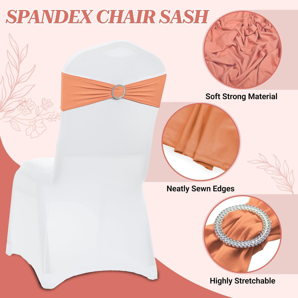 MDS Premium Spandex Chair Sashes - Stretchy Bow Covers with Buckle Slider for Weddings | 25 Pack - Peach