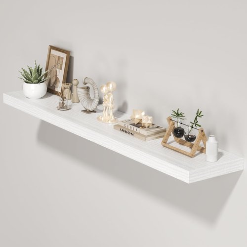 FLYJOE Floating Wall Shelves - Long Wooden Display Shelf with Invisible Brackets | 55"W x 9.3"D x 1.5"H, White