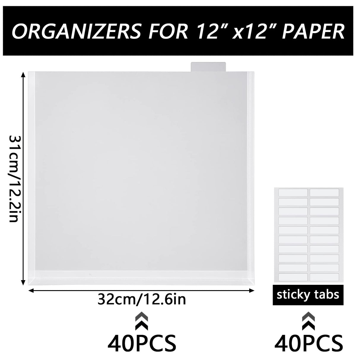 40 Set 12 x 12 Scrapbook Paper Storage Organizer Clear Top Loading Files Plastic Holder with Customizable Tabs for Holding Vinyl Paper Scrapbook Photos