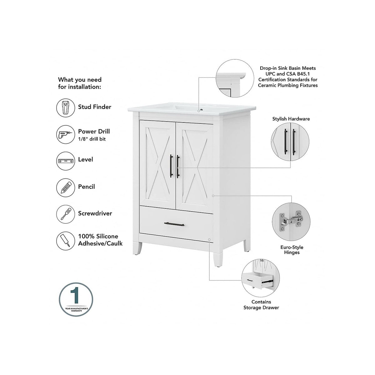 Bush Home Key West 48W Double Vanity Set with Sinks, Medicine Cabinets and Linen Tower in White Ash