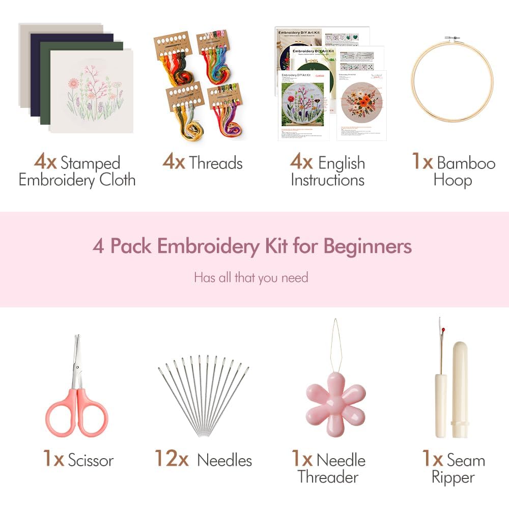4 Pack Embroidery kit for Beginners Adults DIY Starter Kit, Cross Stitch Kits with Flower Stamped Patterns, Embroidery Hoop, Tools,Colorful Threads,Step by Step Instructions,Hand Craft Lover Gift