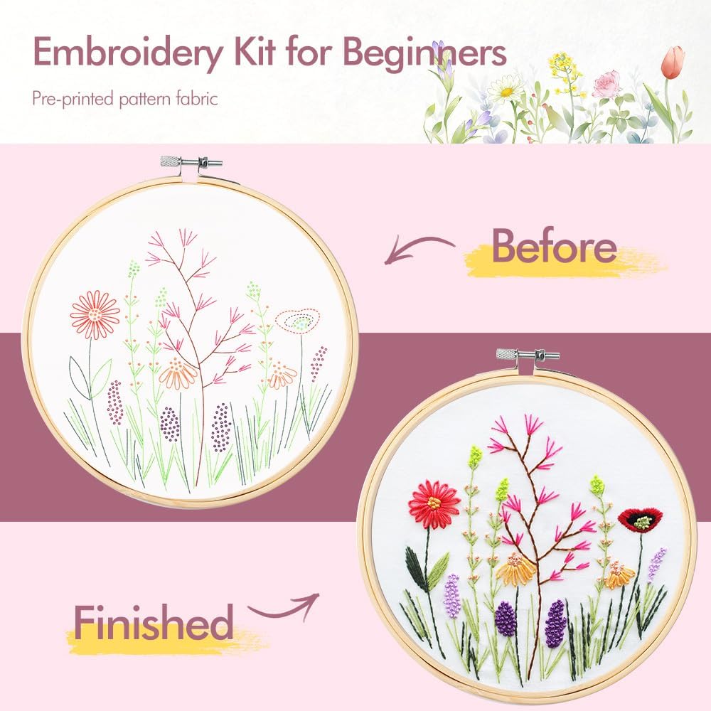 4 Pack Embroidery kit for Beginners Adults DIY Starter Kit, Cross Stitch Kits with Flower Stamped Patterns, Embroidery Hoop, Tools,Colorful Threads,Step by Step Instructions,Hand Craft Lover Gift