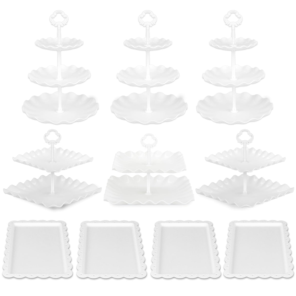 Pack of 11 NWK Cake Stand Set, with 3 x Two-Tier and 3 x Three-Tier Cupcake Stands, 4 x Appetizer Trays, 1 x Tablecloth for Birthday Bridal Baby Shower Party (White)