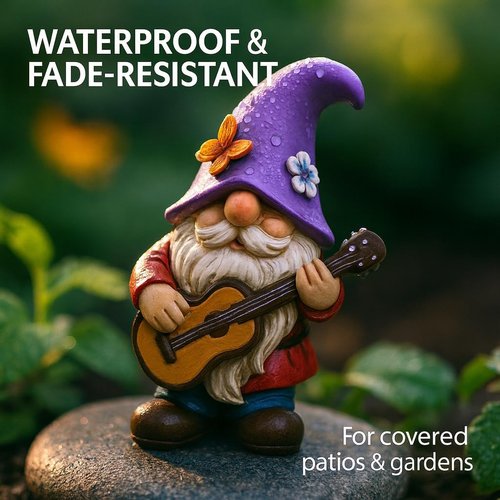 GoGnome Musical Gnome Figurine - Handcrafted 6.2" Tall Garden Decoration with Guitar, Purple Hat & Flowers