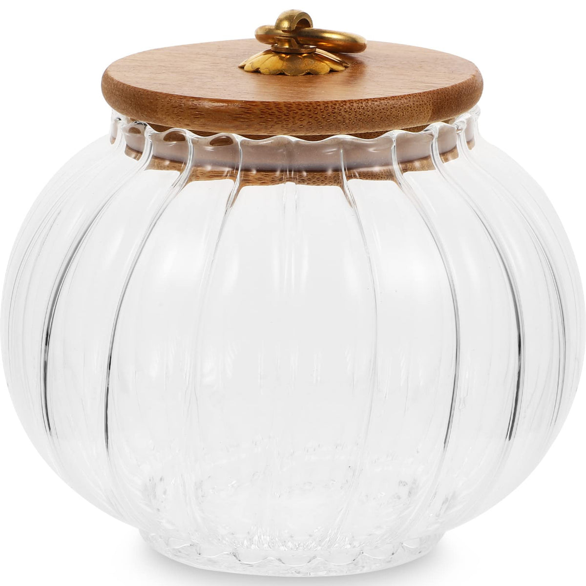STOBAZA Xmas Glass Candy Jar with Lid 28Oz Pumpkin Shaped Food Storage Canister with Wood Lid, Glass Pumpkin Jar, Decorative Kitchen Storage for Christmas, Halloween