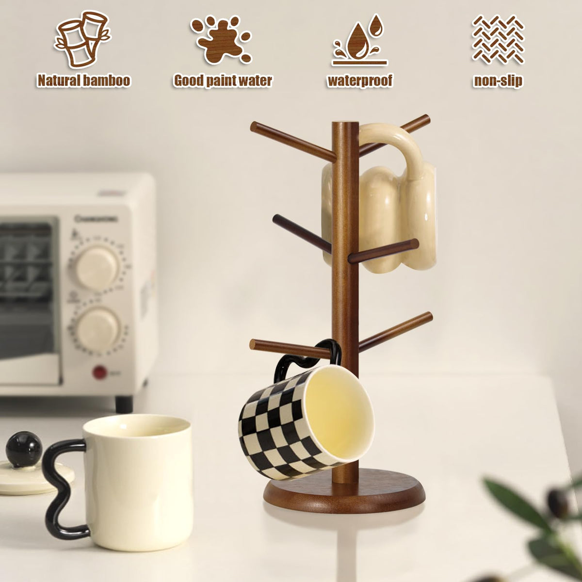 WERJOURU Mug Holder Tree,Coffee Cup Tree for Counter with 6 Hooks, Mug Holder for Counter Top，Coffee Bar Accessories and Decor，Jewelry Pendant(Brown)