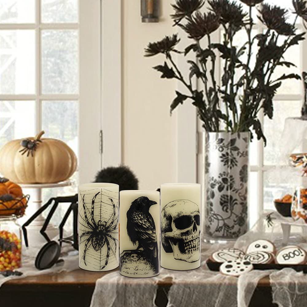 Eldnacele Halloween LED Flameless Flickering Candles Battery Operated with 6H Timer Skull Spider Web Crow Raven Spooky Decals Halloween Themed Indoor Decoration(3 Pack, D3 x H6)
