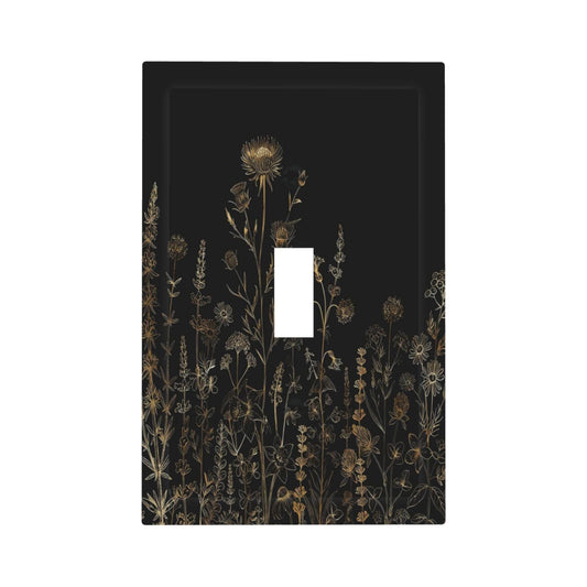 Vintage Black Gold Boho Floral Wild Flower Botanical Decorative Light Switch Cover 1 Gang Single Toggle Device Electrical Faceplate Switchplates Decorator Outlet Wall Plate for Farmhouse Home Decor
