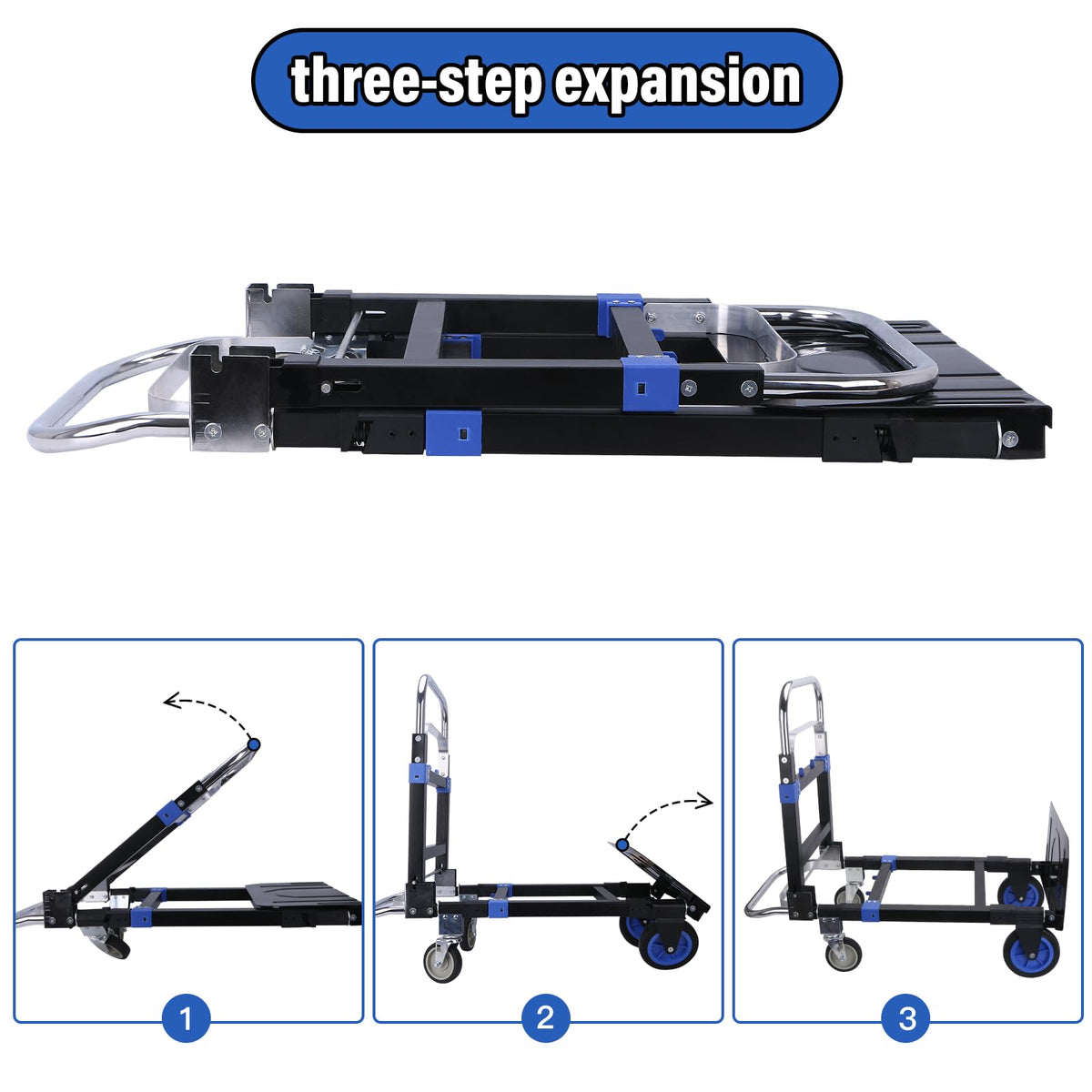 Upgraded 3 in 1 Folding Hand Truck, 600lbs Capacity, Heavy Duty Convertible Dolly with Retractable Handle and 4 Rubber Wheels, Collapsible Cart for Moving Home, Office, Warehouse (Blue)