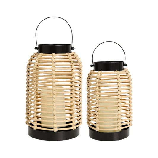 14in Lanterns Decorative for Home Decor- Decorative Candle Lanterns w/ LED Candles- Boho Rattan Woven Hanging Black Lanterns Decor for Indoor, Outdoor, Patio & Porch, Tabletop, Fireplace & Mantle
