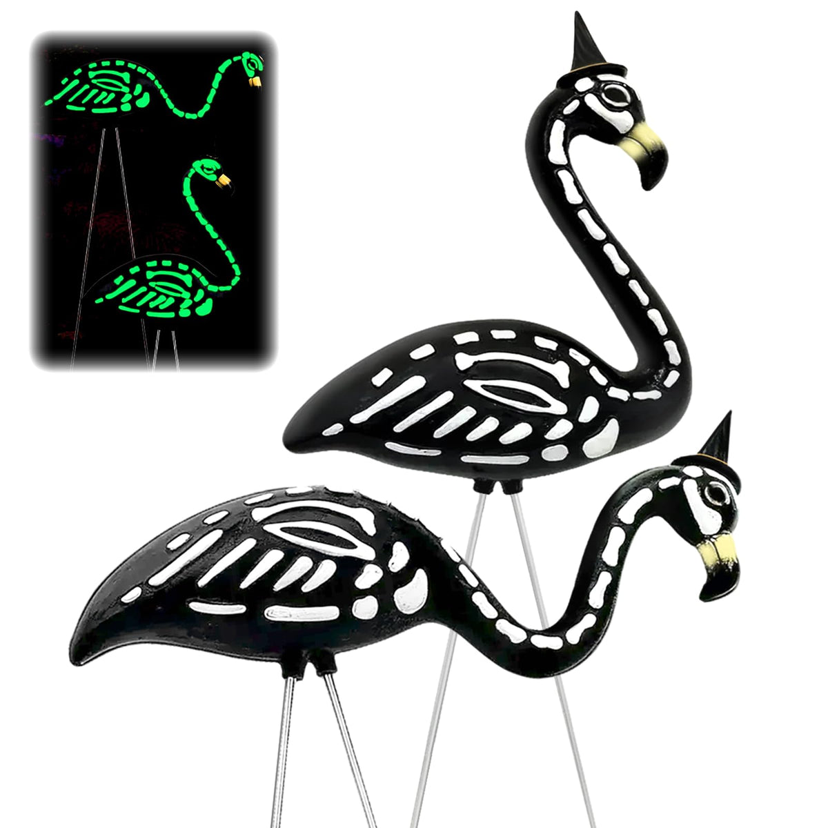 TitTees Halloween Decorations 2 Pack Black Flamingo Skeleton, Zombie Flamingos for Spooky Graveyard Decor, Skull Flamingo with Stakes for Halloween Lawn Ornaments