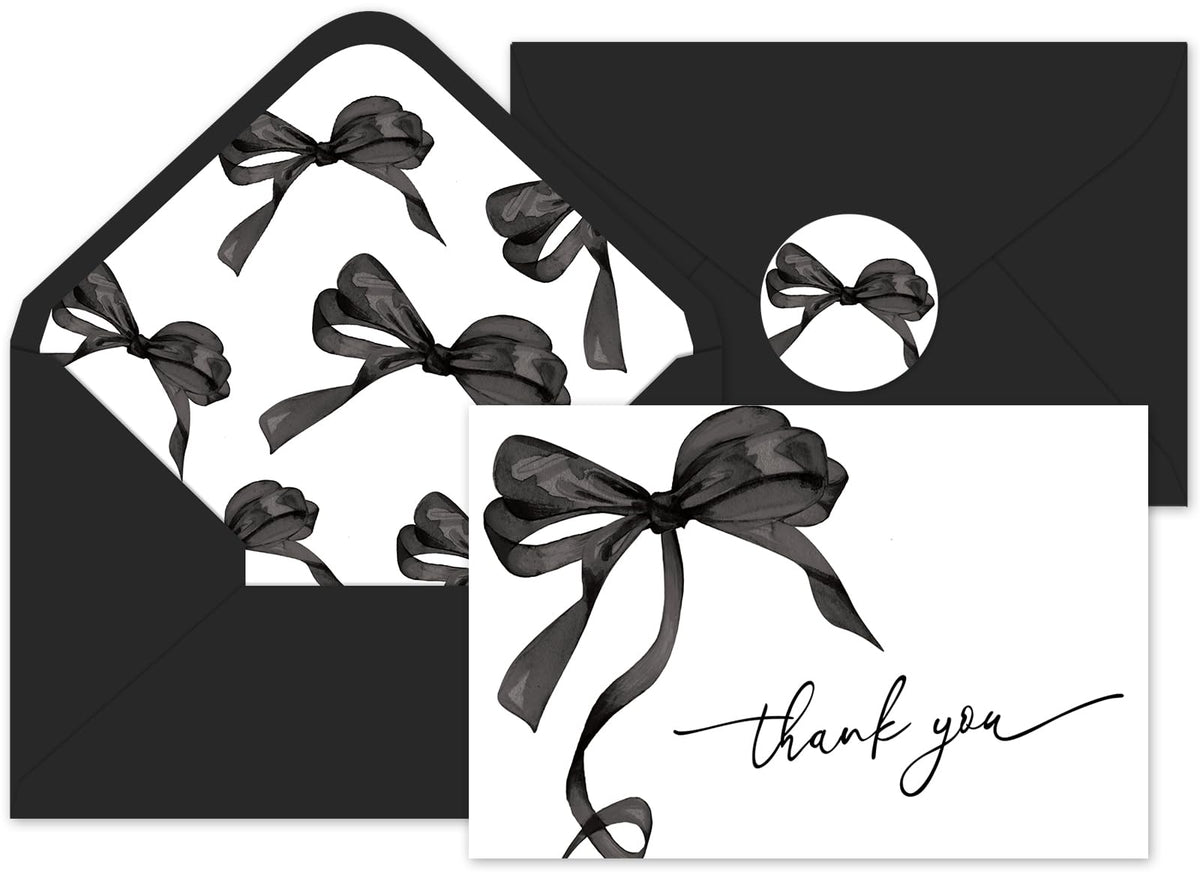 Whaline 24 Pcs Black Bow Thank You Cards with Envelopes and Stickers Watercolor Bow Greeting Cards Black Blank Note Card for Halloween Party Supplies