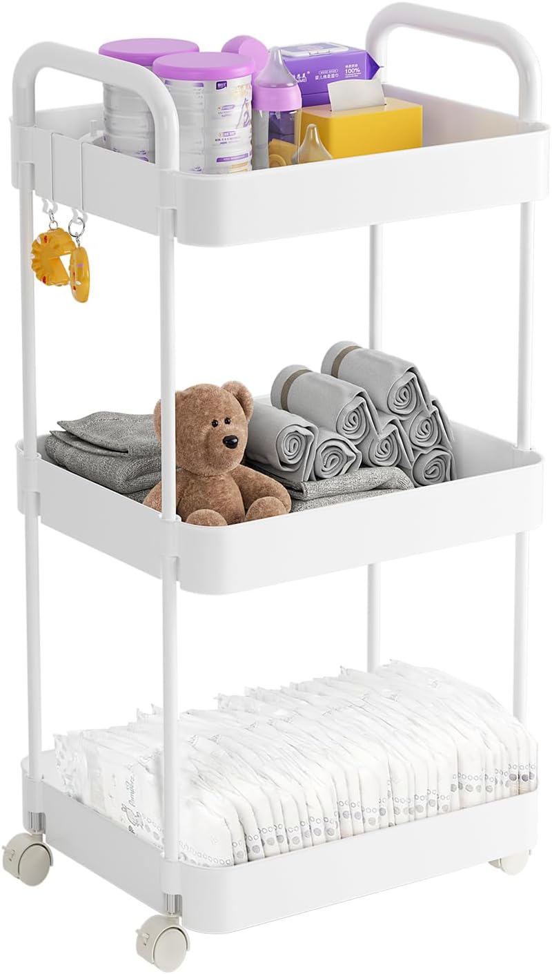 Volnamal Diaper Caddy Organizer - 3-Tier Movable Cart with Wheels for Newborn Essentials | White Plastic