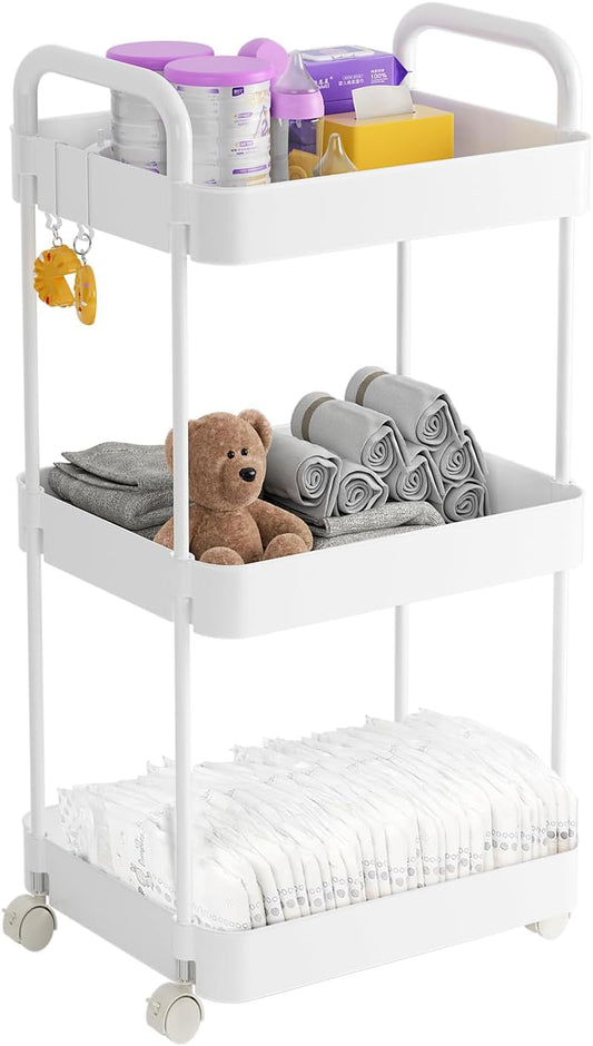 Volnamal Diaper Caddy Organizer - 3-Tier Movable Cart with Wheels for Newborn Essentials | White Plastic