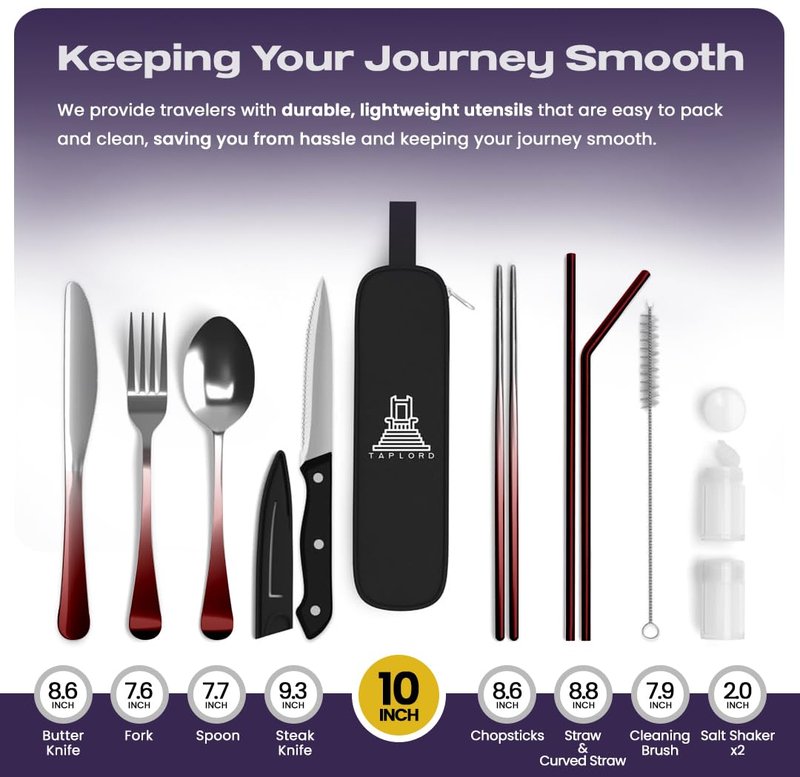 Taplord Portable Travel Silverware Set With Case - Includes 10 Pcs of Utensils, Stainless Steel Flatware For Camping, Easy to Travel, Lightweight (Red Two Tune)