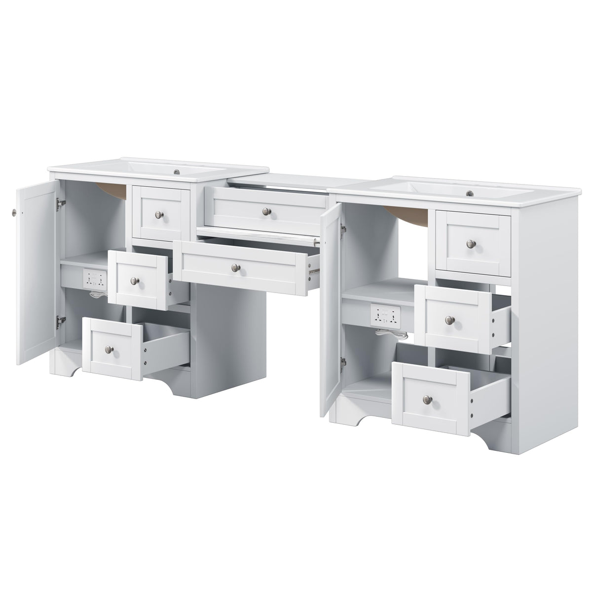 Merax 84" Double Sink Bathroom Vanity with Engineered Stone Countertop & 2 Ceramic Sinks,Large Storage Vanity with 6 Soft Close Drawers,Silver Metal Knobs for Master Bathroom,Family Bath,White