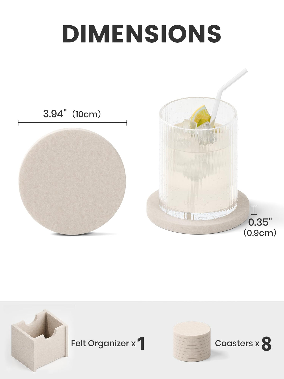 Fluxynara Felt Coasters for Drinks, Set of 8 Absorbent Coasters with Holder, Heat-Resistant & Reusable Round Design for Coffee Table & Living Room, 3.94 Inch, Oatmeal