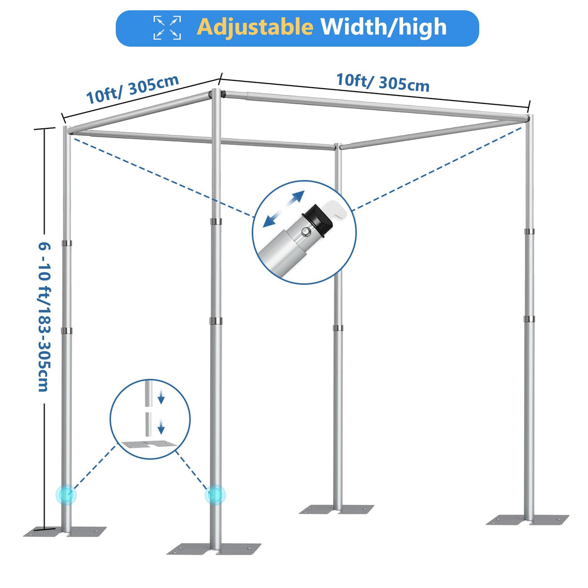 10ft Square Backdrop Stand Heavy Duty, 10Ft Tall x 40Ft Wide Adjustable Pipe and Drape Photo Background Support Kit, Adjustable Metal Frame with Flat Base for Wedding Birthday Party Decorations