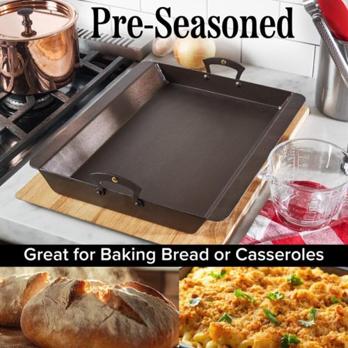Classic Cuisine Iron Roasting Pan - Pre-Seasoned with Brass Handles & Flanged Edges | Versatile Cookware for Oven, Stovetop & Grill