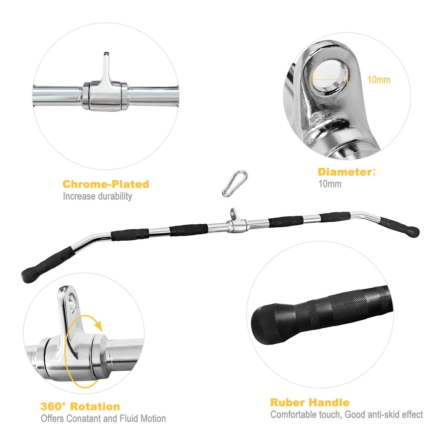47In LAT Pull Down Bar Attachment: Heavy Duty Lat Pulldown Bar with Full Rotation & Rubber Handle for Gym Home Pulley Cable Attachments