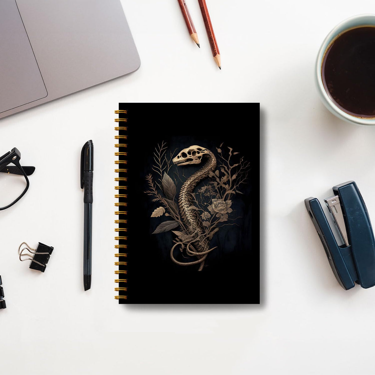Guymn Snake Skull Spiral Journal Notebook - Goth Golden Snake Head Skeleton Notebook 5.5×8.3, Snake Gifts Spiral Notebook Journal with 164 Pages, Punk Dark Witchy Gifts