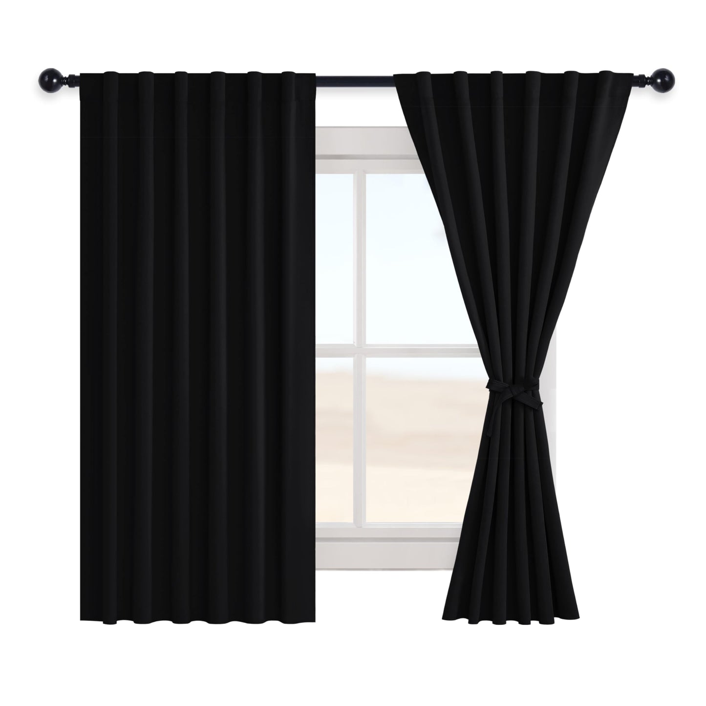Hiasan Black Blackout Curtains for Bedroom 72 inches Long Rod Pocket Thermal Blackout Curtains Noise Blocking with Tiebacks Halloween Drapes for Living Room,52" x 72",Set of 2