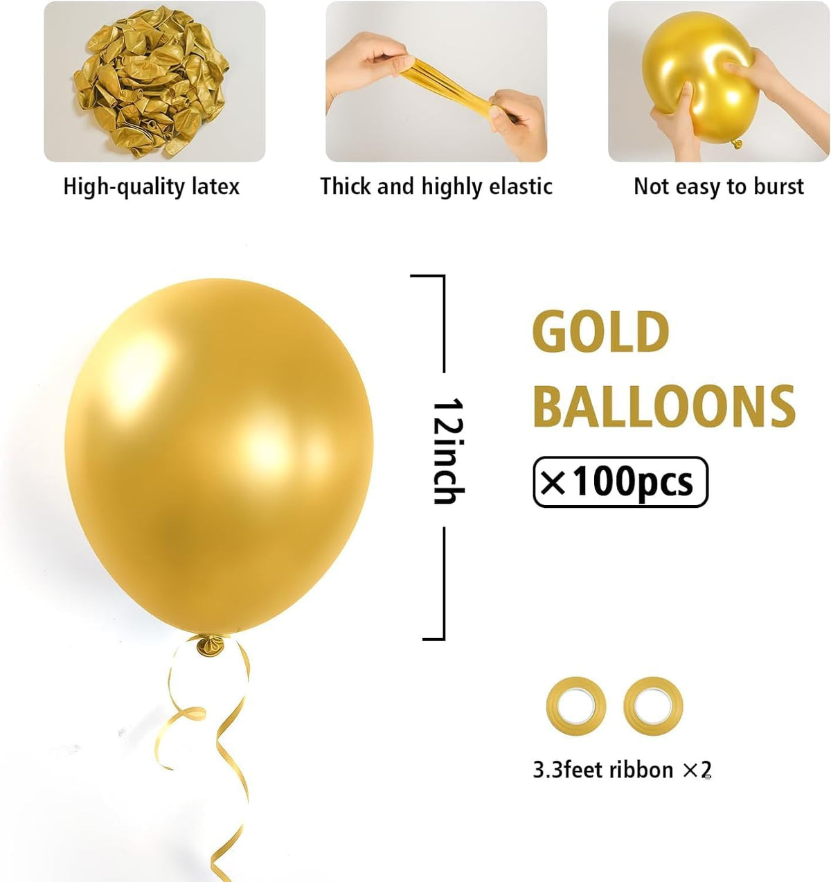 BAUANOOY Metallic Gold Balloons - 100pcs Chrome 12 Inch Balloons with Gold Ribbon for Celebrations