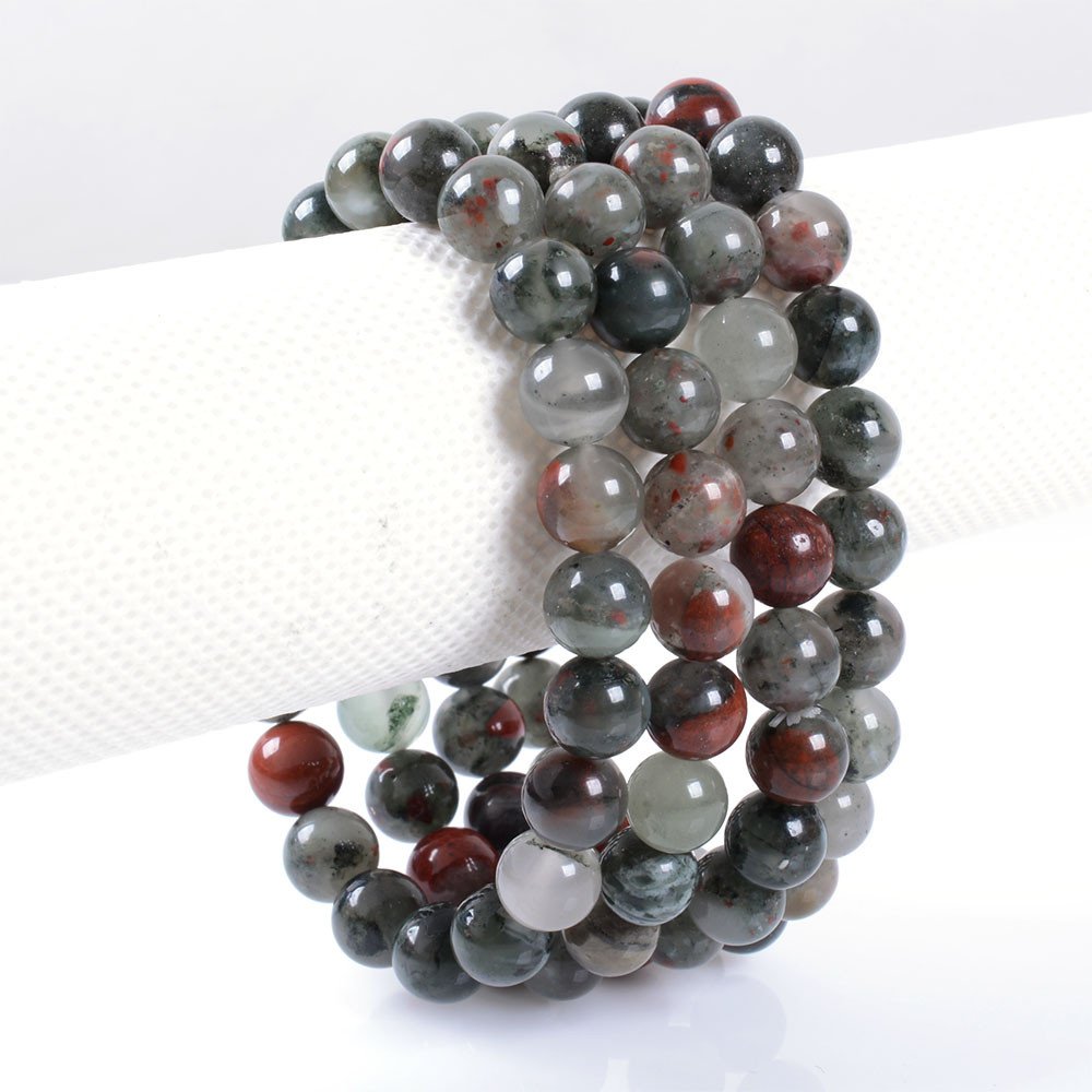 Justinstones Natural African Bloodstone Gemstone 8mm Round Beads Stretch Bracelet 7 Inch Unisex