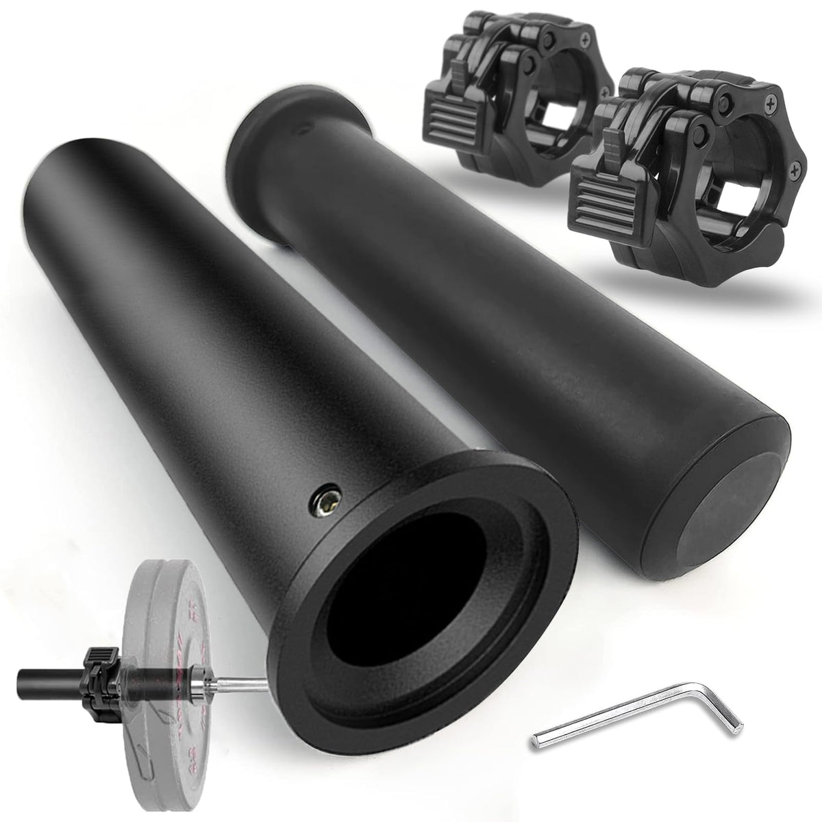 NewBEP 2PCS Olympic Adapter Sleeve 7.8" with Olympic Barbell Clamps 2", Converts 1" Standard Weight Plate Posts to 2" Olympic Weight Plate Posts, Removable end Cap