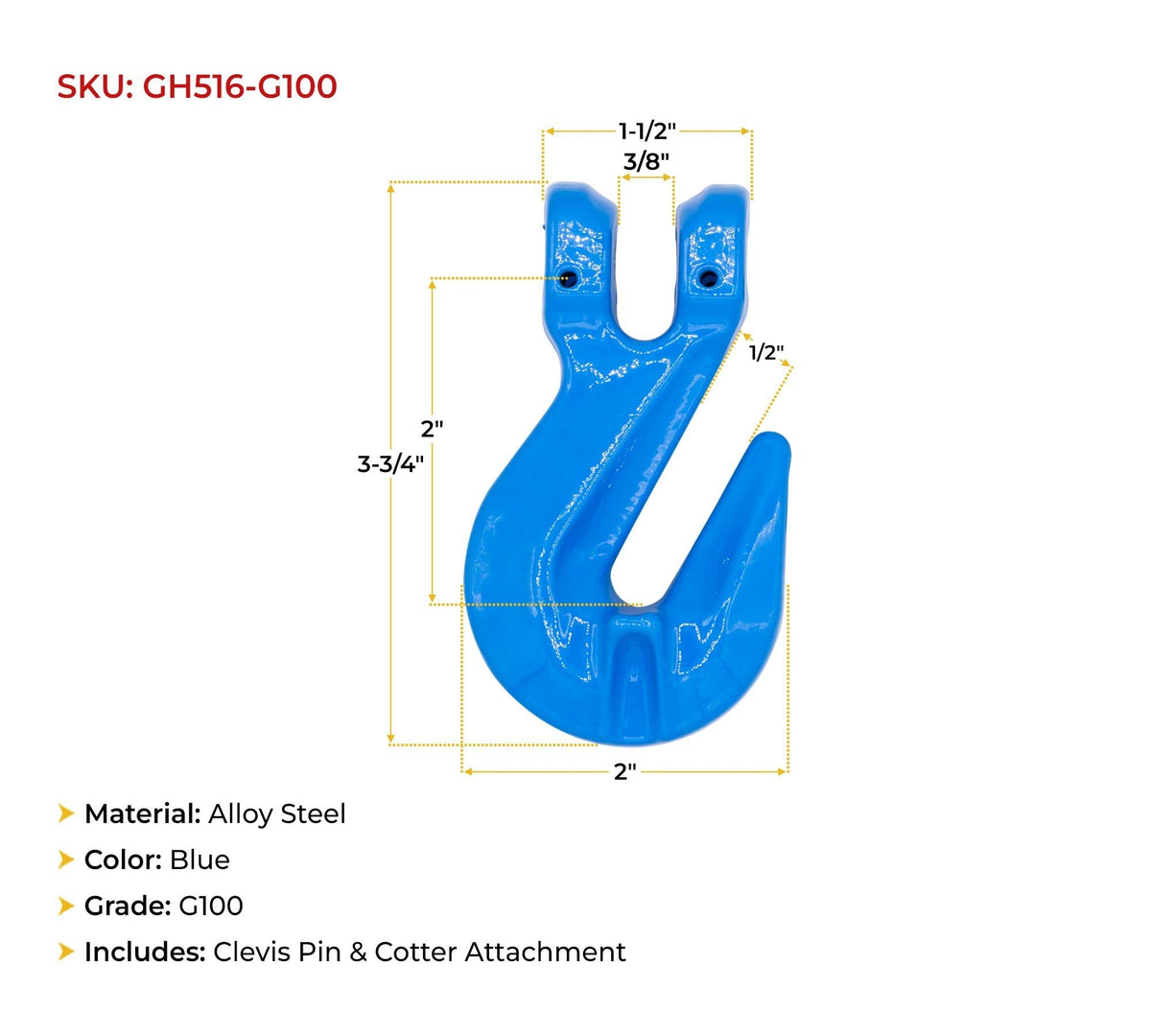 Mytee Products 5/16" Grade 100 Cradle Clevis Grab Hook for Lifting - 5,500 LBS WLL Heavy Duty Tow Chain Hook for Trailer/Truck Transport
