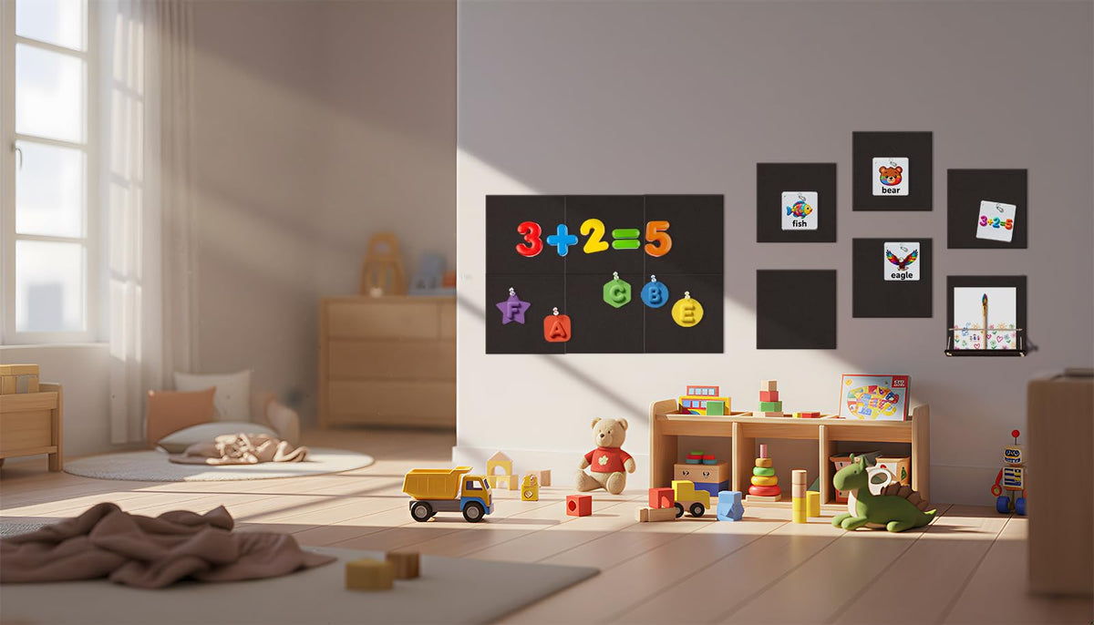 12 Pack Bulletin Boards 48" x 36" Alternative Cork Board for Office,Built-in Storage Device，Large Cork Boards for Walls ， Felt Wall Tiles, Contains Removable Security Stickers and PushPins (F-Black)