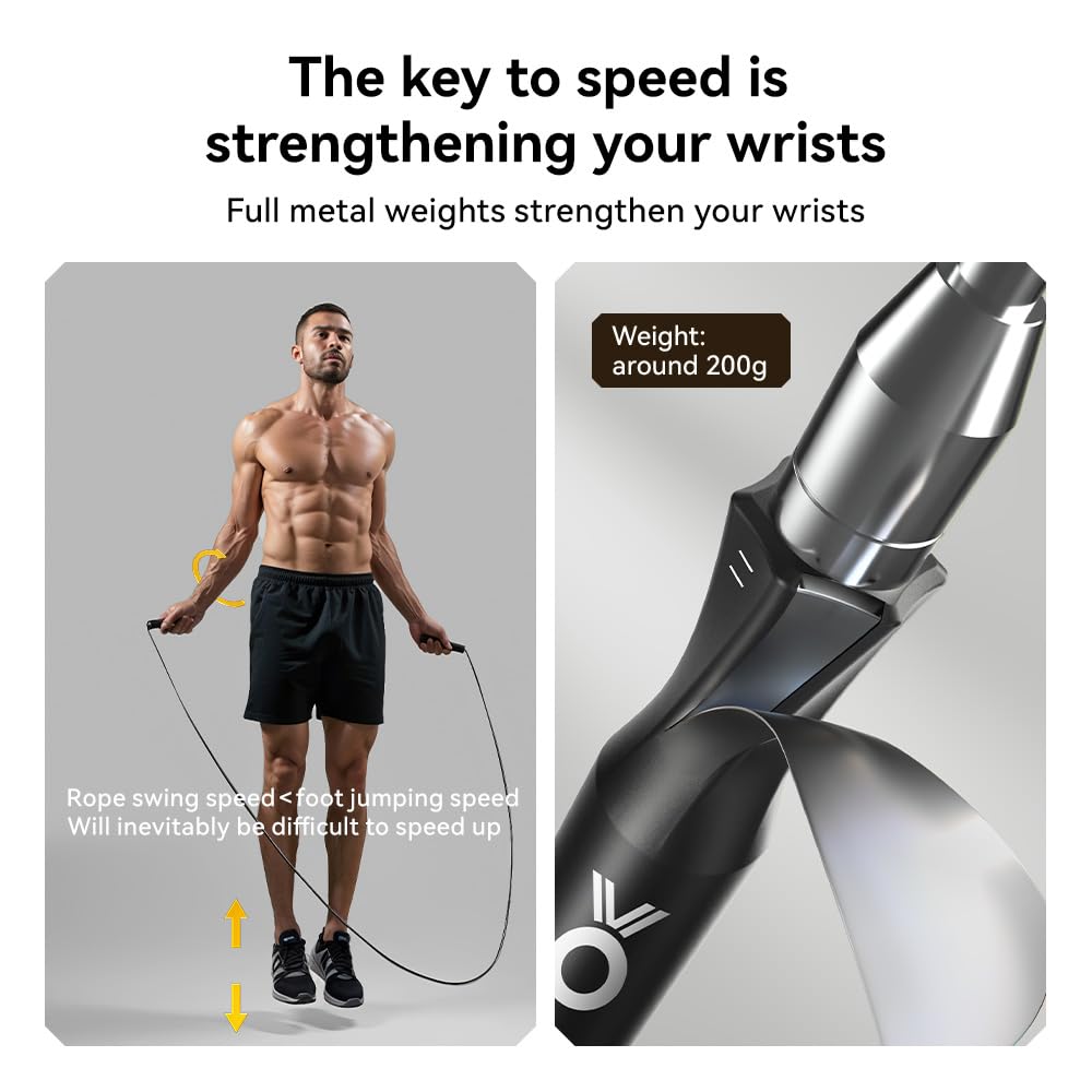 JOINROPE Weighted Jump Rope,Dual Bearing Smooth Rotation Speed Jump Rope, One-Button Push Adjustable Length for Men Women, Workout with Metal Handles for Fitness, Home Exercise & Slim Body (Black)