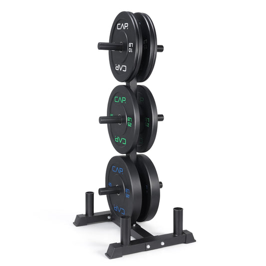 CAP 190 lb Economy Olympic Bumper Plate Set with Storage Rack, 2-Inch Olympic Plates, Medium Bounce Rubber Weight Plates with Steel Hub, 6 Weight Posts & 4 Barbell Holders for Weightlifting, Strength Training & Home Gym Workouts