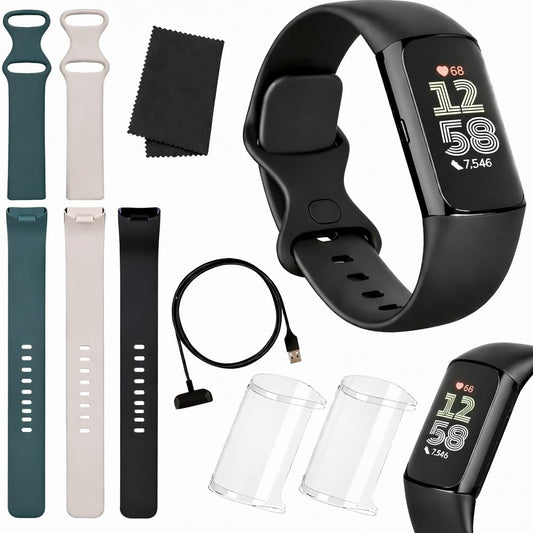 Fitbit Charge 6 Fitness Tracker (Bundle) – Black/Obsidian – Heart Rate, GPS, Sleep & Stress Tracking + Fast Charger, & Cleaning Cloth (Black)