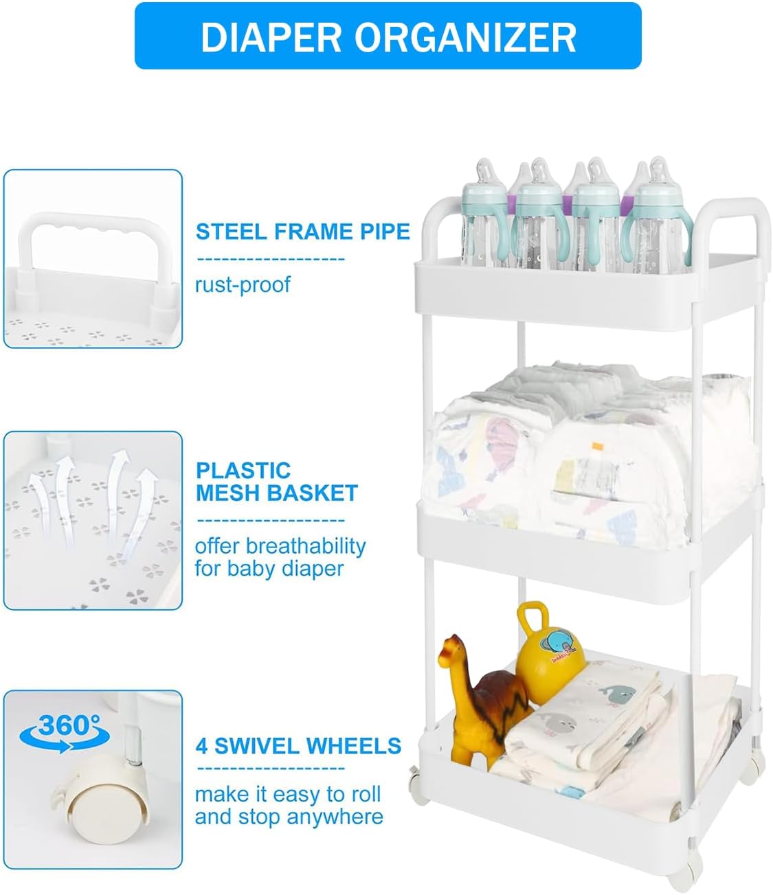 Volnamal Diaper Caddy Organizer - 3-Tier Movable Cart with Wheels for Newborn Essentials | White Plastic