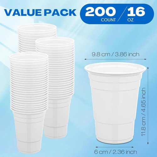 Bokon 200-Pack White Plastic Cups - 16 oz Disposable Drinking Cups for Parties & Events