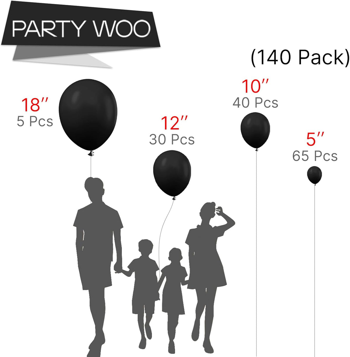 PartyWoo Black Balloons - 140-Piece Arch Kit with Various Sizes for Baby Showers, Birthdays & More