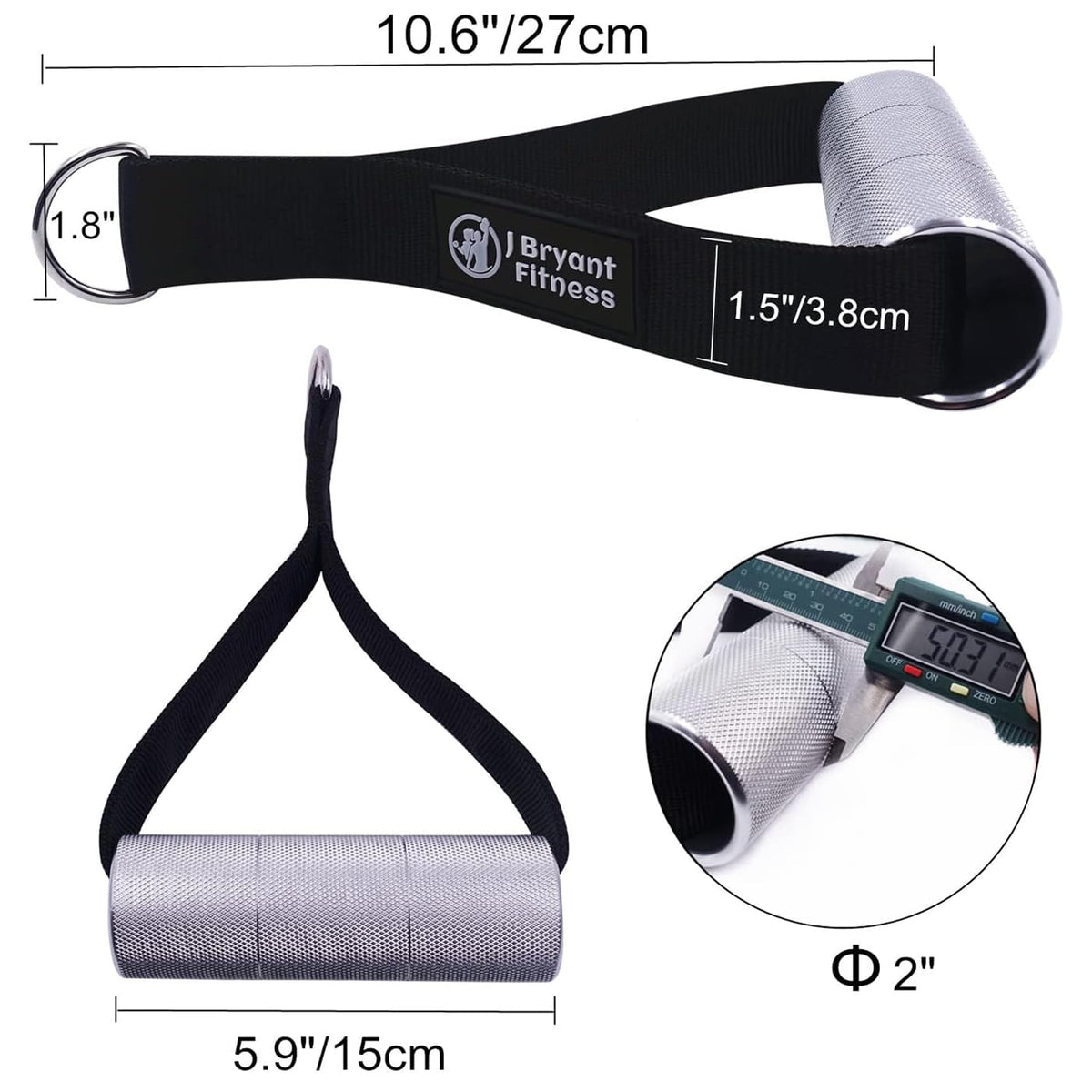 J Bryant Thick Gym Handles 2" Strong Grips Non Slip High Density Aluminum Metal Handles for Cable Machine Pulleys, Arm Wrestling Training, Wrist Finger Forearm Strengthener(1 Pair)