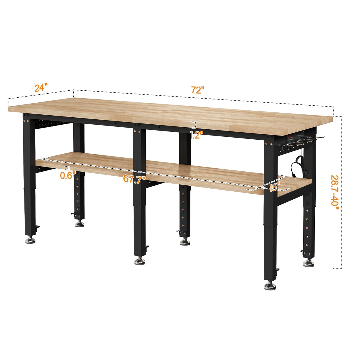 SPECRAFT 72"x24" 2-Tier Adjustable Workbench with 4 AC Outlet and 2 USB Ports Power Outlets, 6000 Lbs Capacity Heavy Duty Workbench, Rubber Wood Top for Garage, Workshop, Office