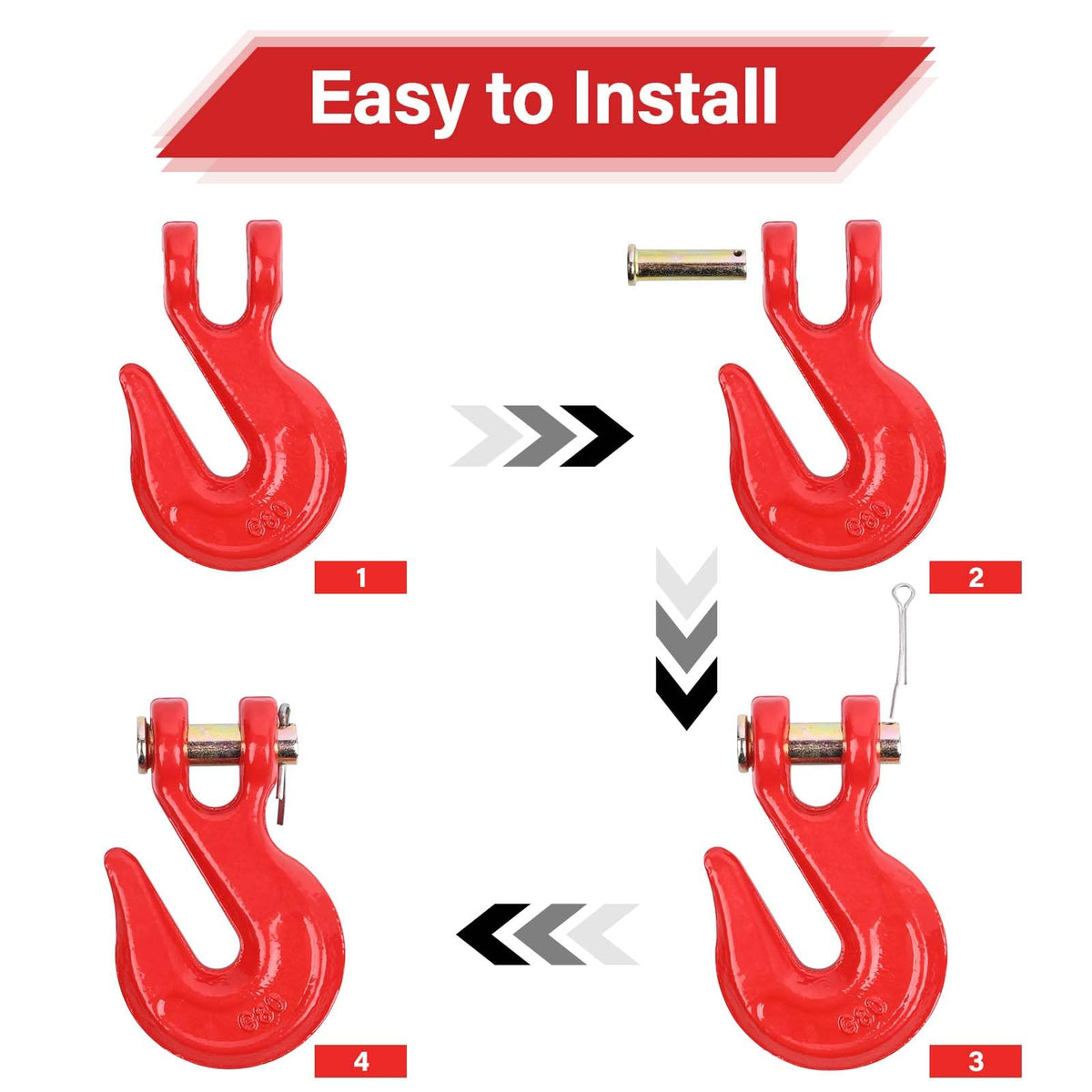 Lechansen 3/8'' G80 Chain Hook, 4 Pack Grade 80 Clevis Hooks Grab Hook, 7,100 Lbs Working Load Limit, Tow Hooks Heavy Duty for G80 Transport Chain and Binders, Trailer Truck - Red