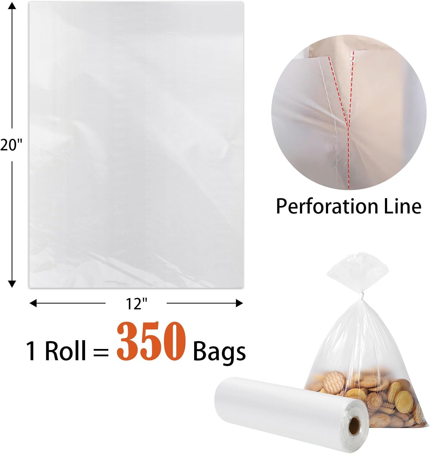 Skiennix Clear Plastic Produce Bags - Easy Tear Food Storage for Vegetables & Fruits | 12" x 20" - 350 Bags/Roll (2 Rolls)