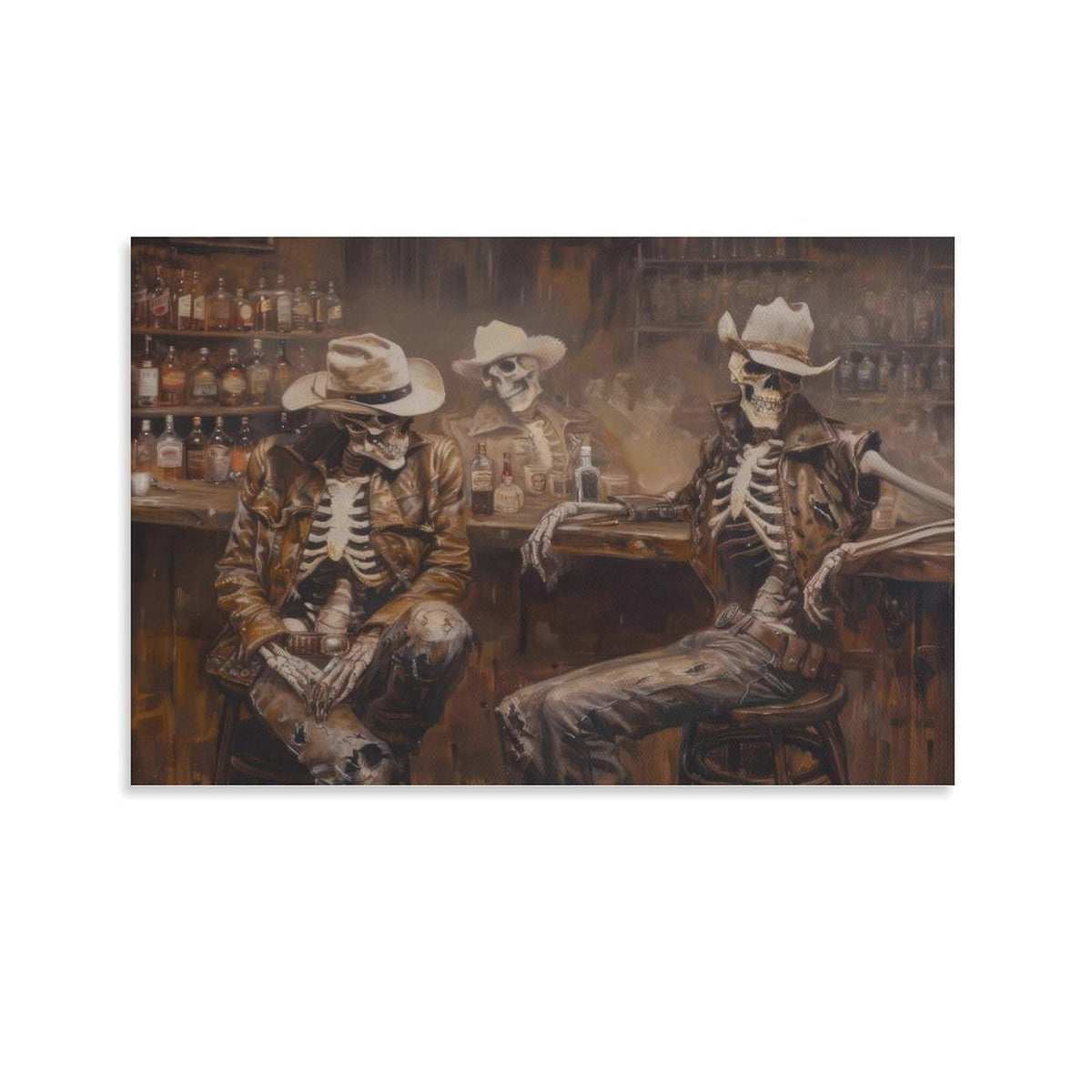 Skeleton Cowboy Saloon Trio Western Rustic Canvas Printing Wall Art Posters Prints Bohemian Aesthetic Bar Scene Oil Style Wall Decor for Living Room Bedroom Bar Office Den 12x18inch(30x45cm)