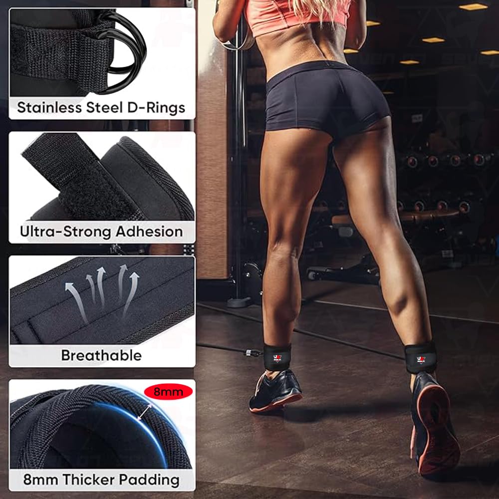 Ankle Strap for Cable Machine, Adjustable Neoprene Padded Ankle Cuffs for Glute Workouts, Kickbacks & Hip Abductors, Cable Attachment for Home Gym Fitness Equipment, Women & Men 2Pcs (Black)