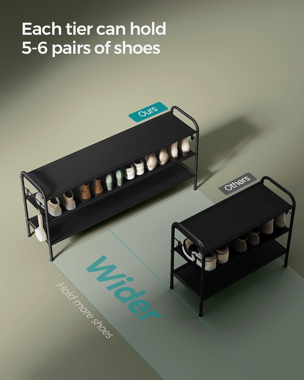 SONGMICS 3-Tier Shoe Rack - Height-Adjustable Fabric Organizer with 4 Hooks | Holds 18 Pairs - Ink Black