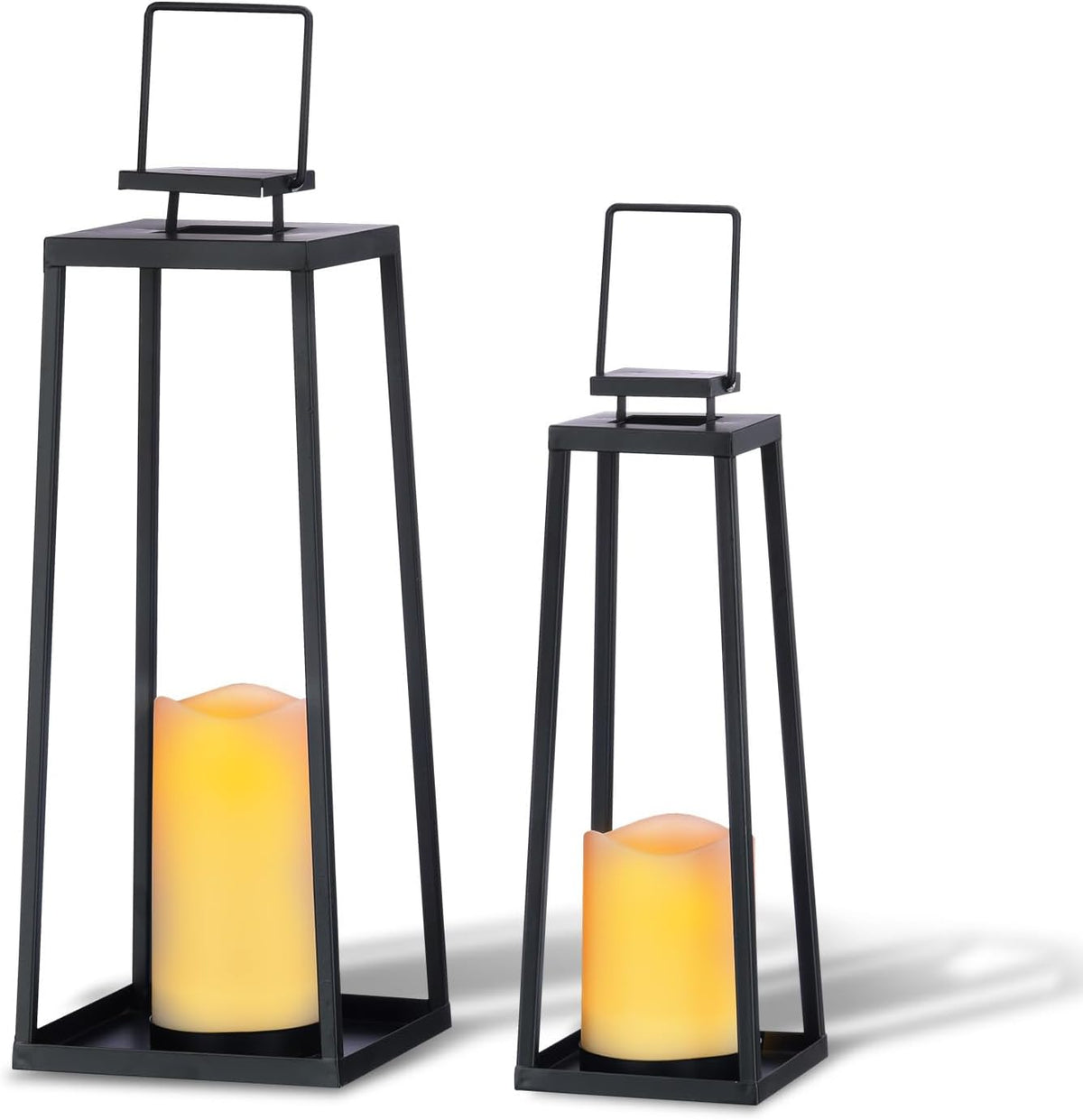 Skiennix Solar Lantern Set of 2 - Modern Black Metal Lanterns with Solar Candles for Outdoor Decor | 18” & 15”
