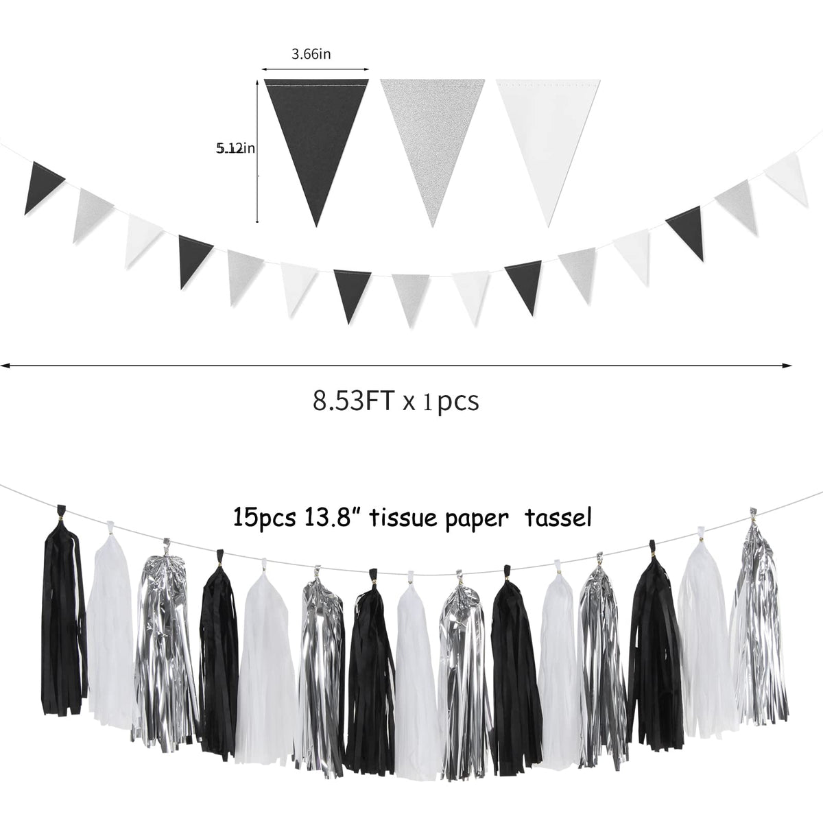 Black White Silver Party-Decorations Streamers - 23pcs Tissue Pom Poms, Graduation Men Boys Birthday Tassel Garland Banner,Wedding Baby Bridal Shower New Years Decor Lasting Surprise