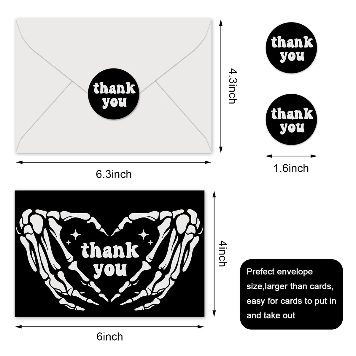JarThenaAMCS 24Pcs Halloween Thank You Cards with Envelopes and Stickers Skeleton Hands Greeting Cards White Black Blank Note Cards for Halloween Party Supplies