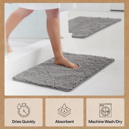 GORILLA GRIP Bath Rug Mat - Soft Absorbent Chenille | Quick-Dry Microfiber, 70x24, Grey